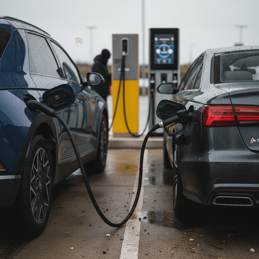 Electric car charging at a station beside a traditional gas pump