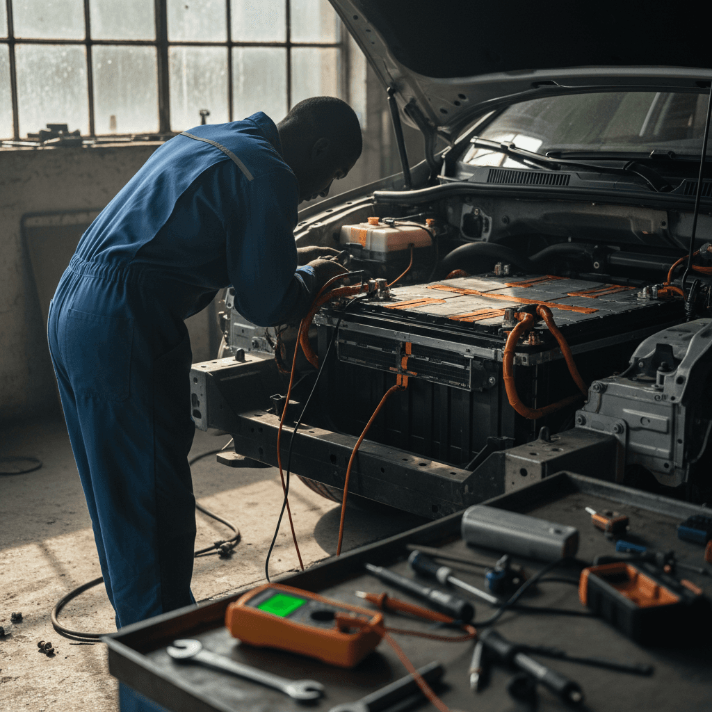 Technician inspecting an electric car battery pack in a service bay