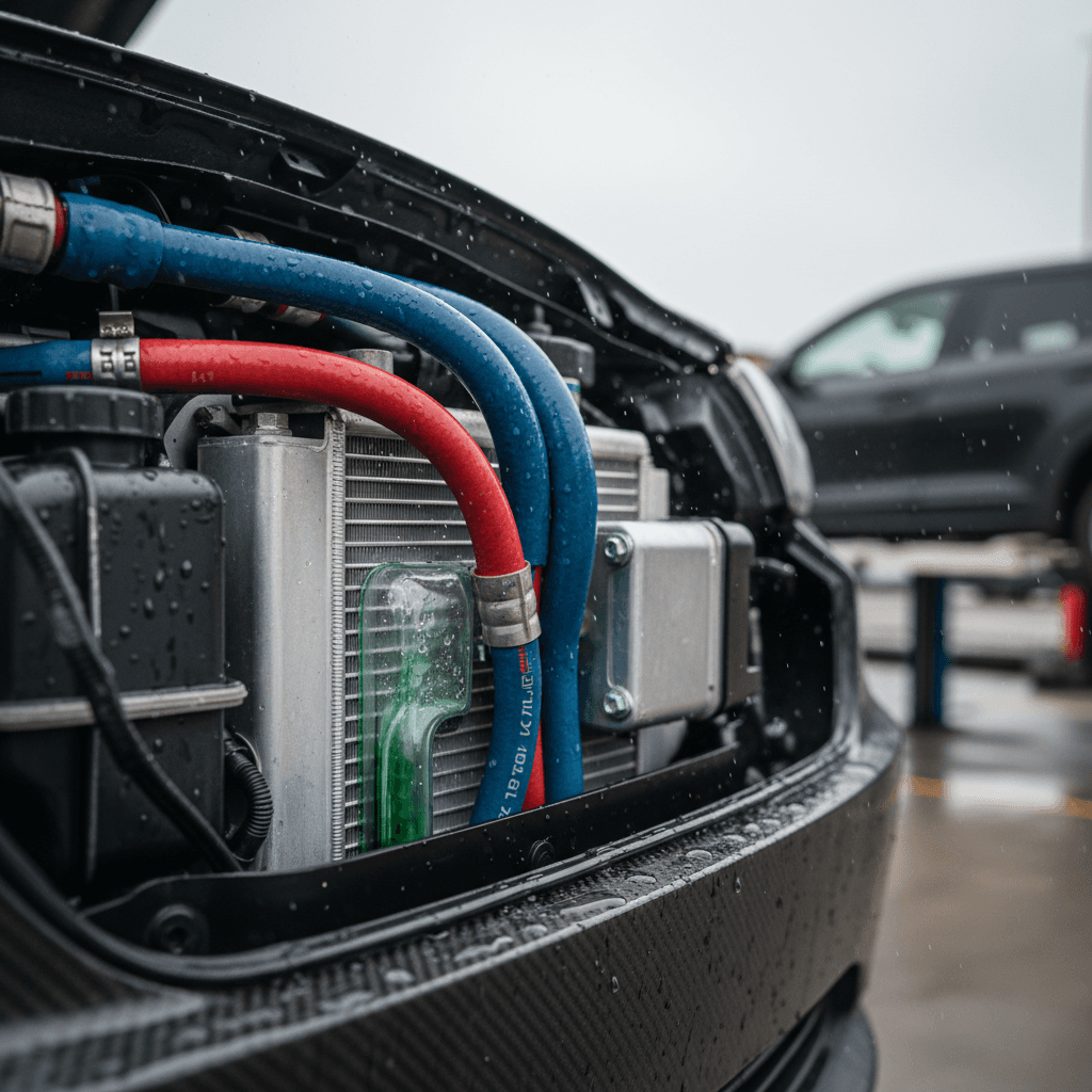 Electric vehicle battery pack with visible liquid cooling channels and orange high-voltage cabling