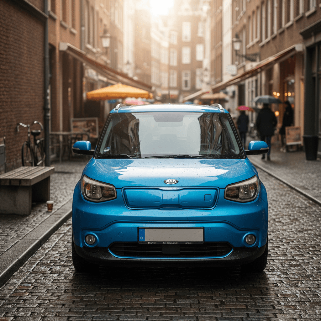 Tiny electric city car parked on a narrow urban street