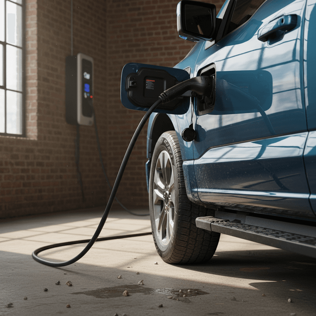 Ford F-150 Lightning electric pickup truck plugged in at a charging station