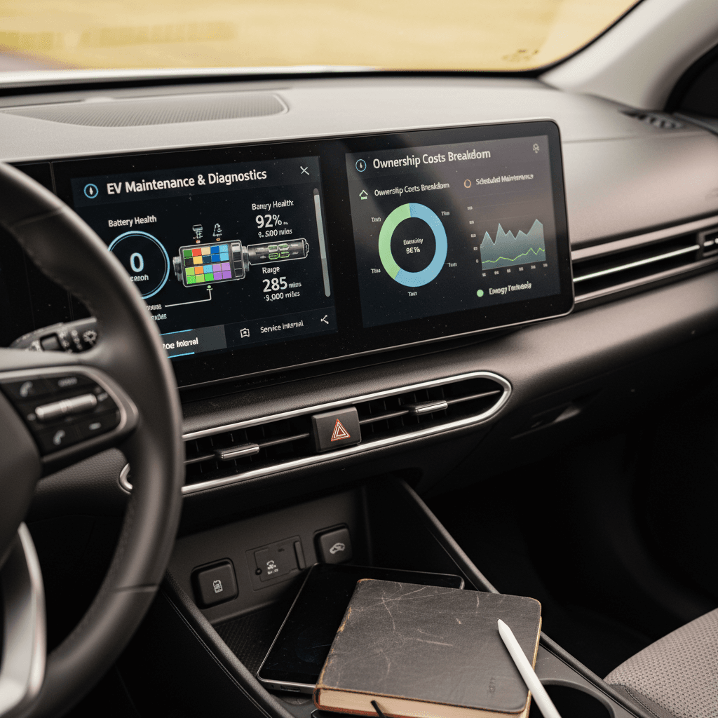 Mechanic inspecting front brakes on an electric vehicle with the wheel removed