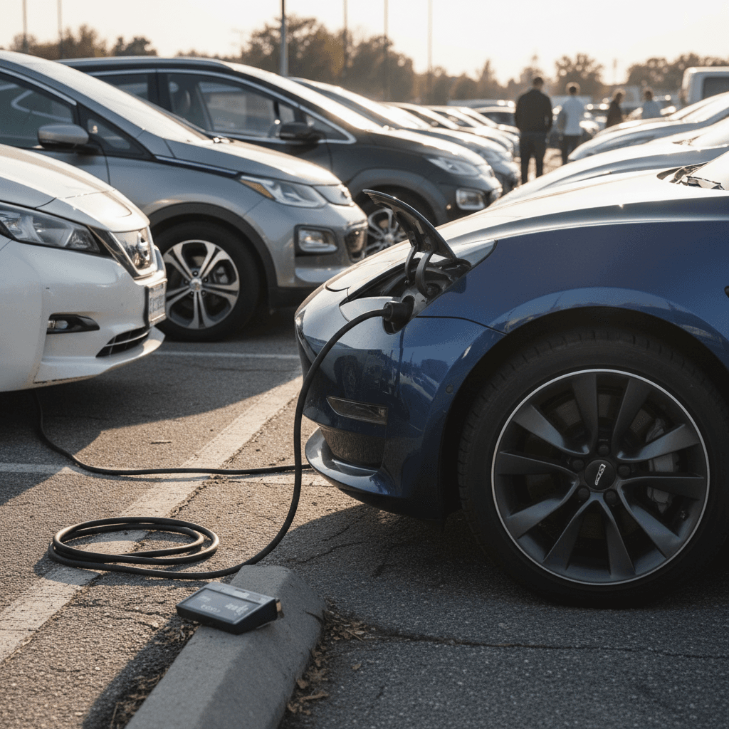 Row of used electric vehicles parked at a dealership lot