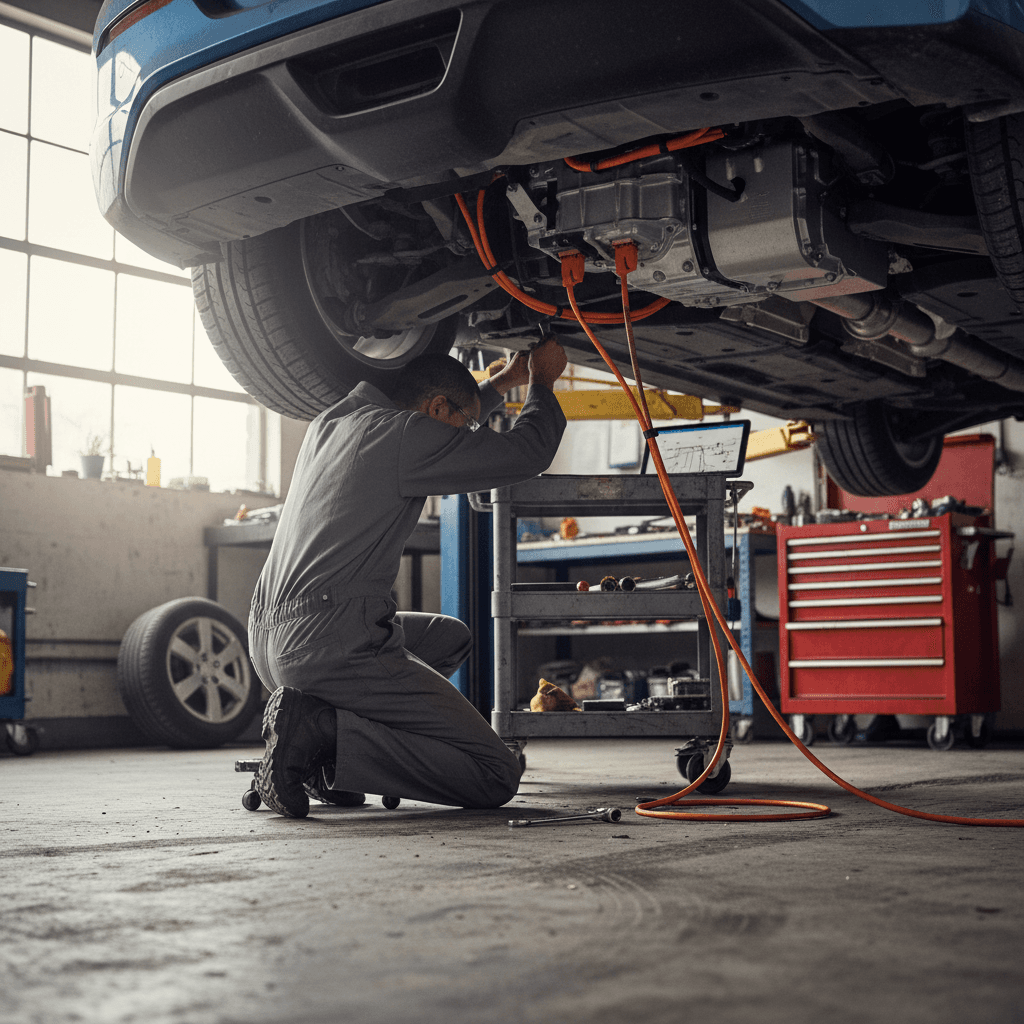 Mechanic inspecting the suspension and brakes of an electric vehicle on a lift