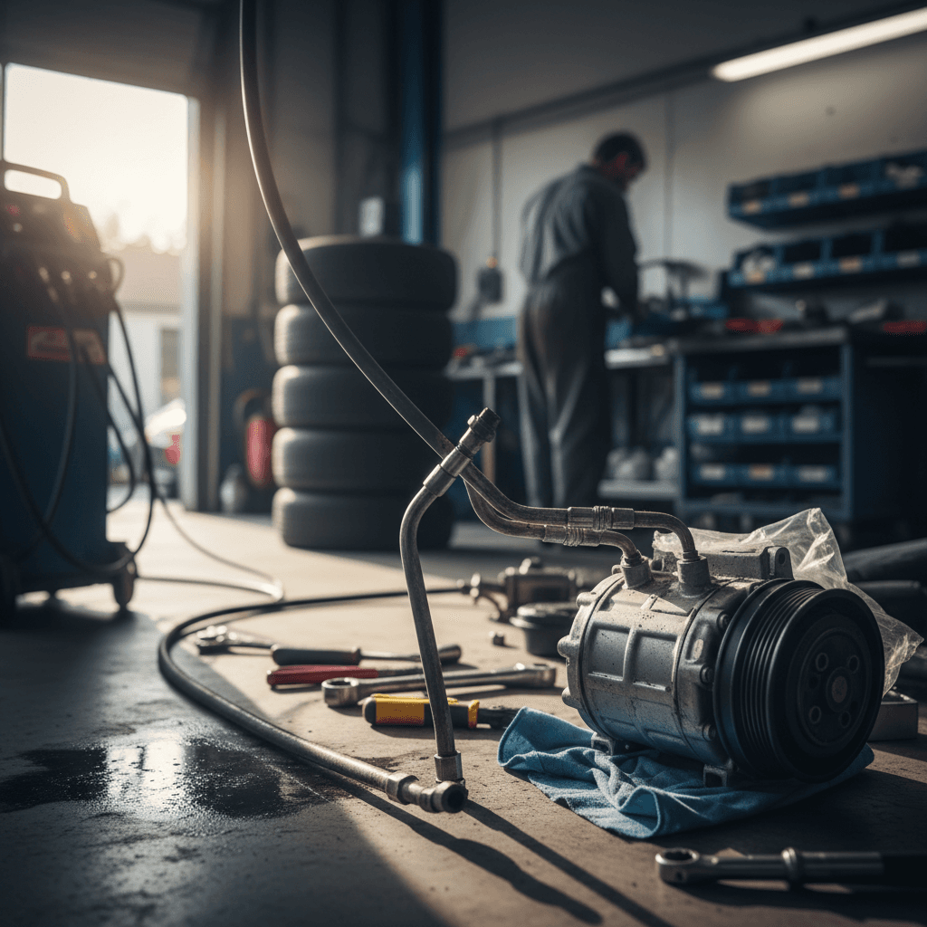 Closeup of car dashboard AC controls with temperature and fan settings