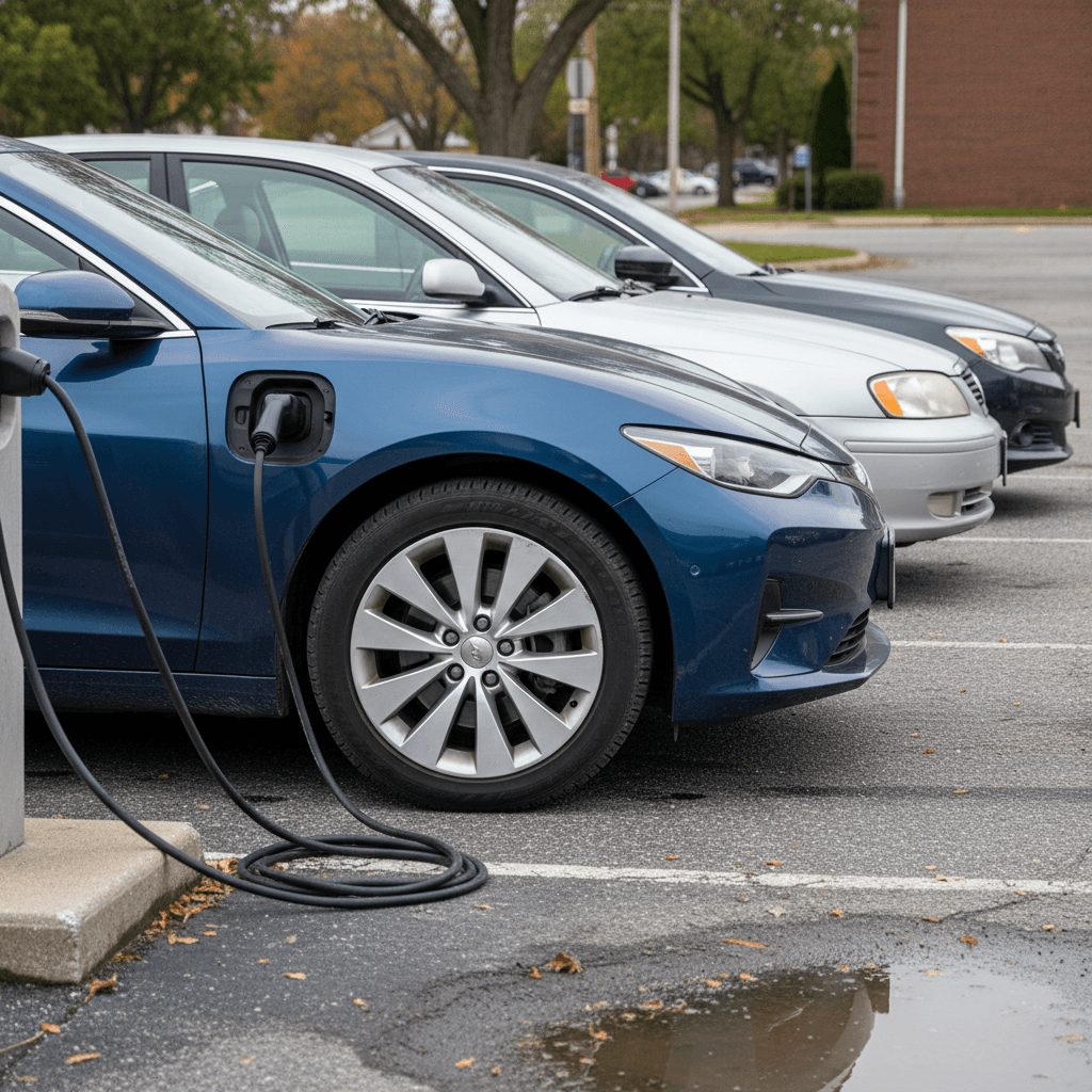 Young driver plugging in an electric car at a home charging station
