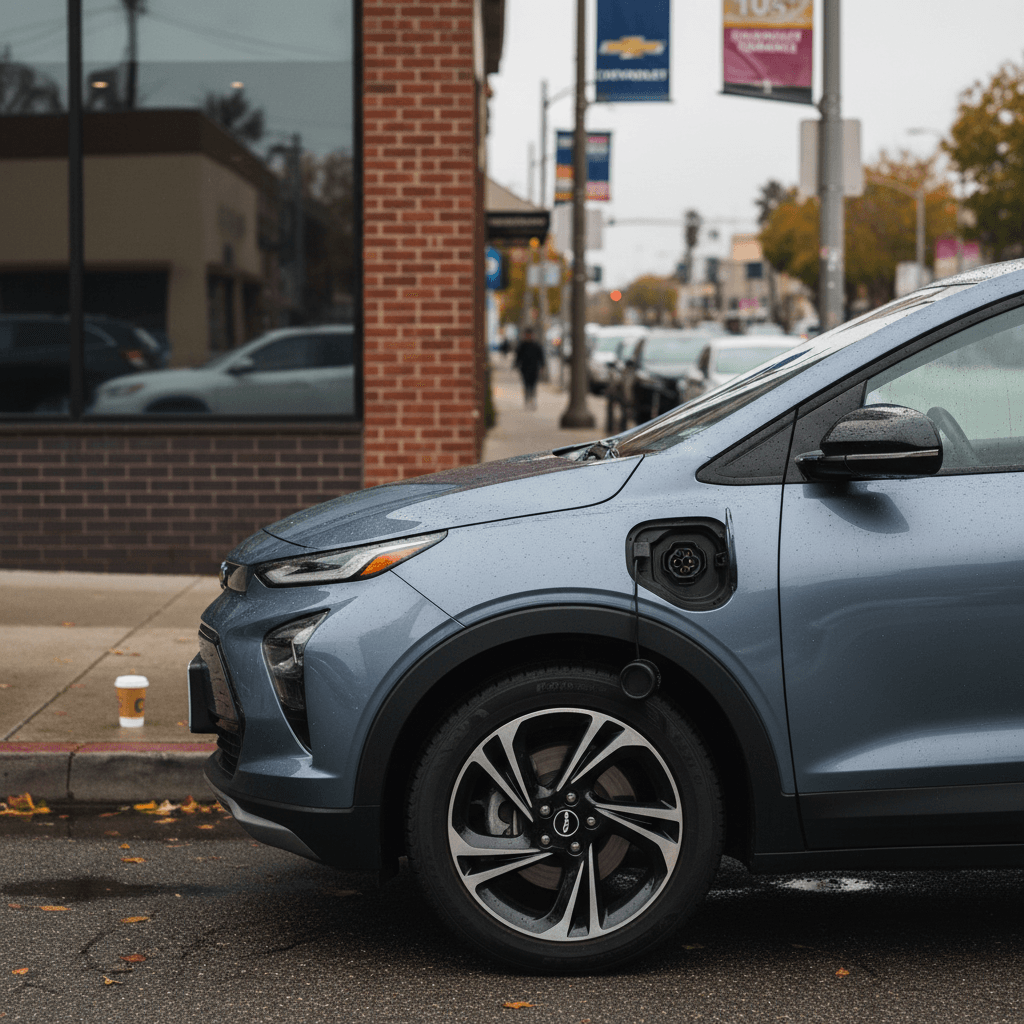 Chevrolet Bolt EUV driving on a city street, representing a common EV choice for Torrance shoppers