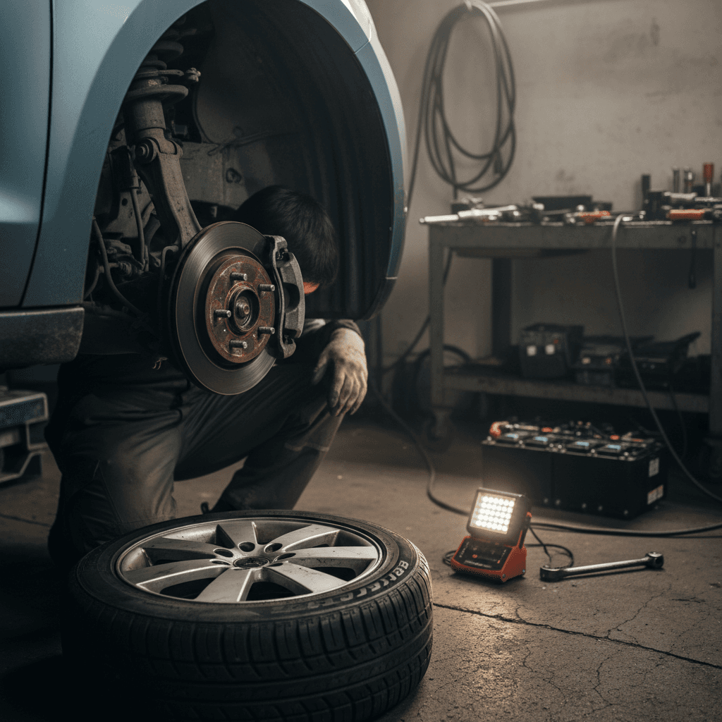 Electric vehicle with front-end collision damage being repaired in a professional body shop