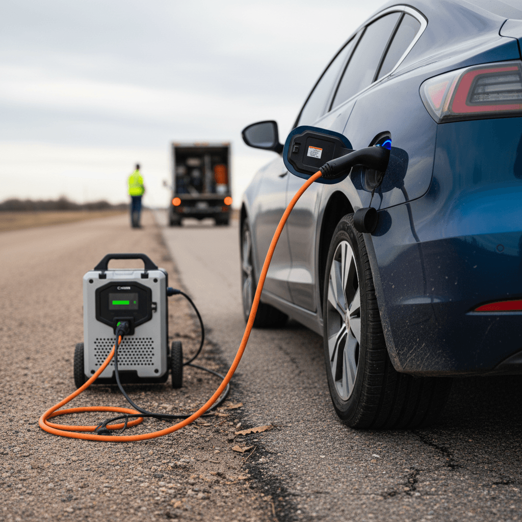 Roadside assistance technician providing emergency EV charging to an electric car on the shoulder