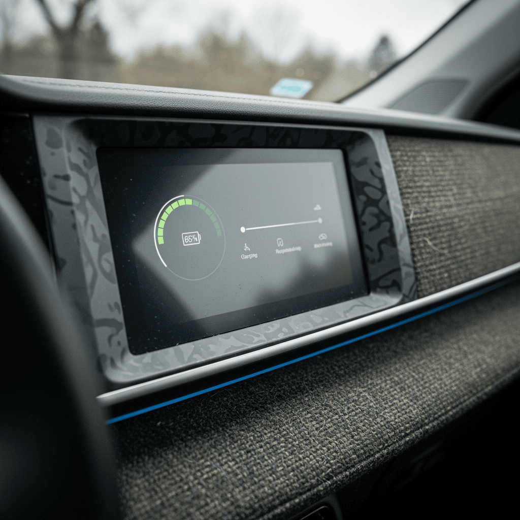 Electric car parked in a large outdoor airport parking lot