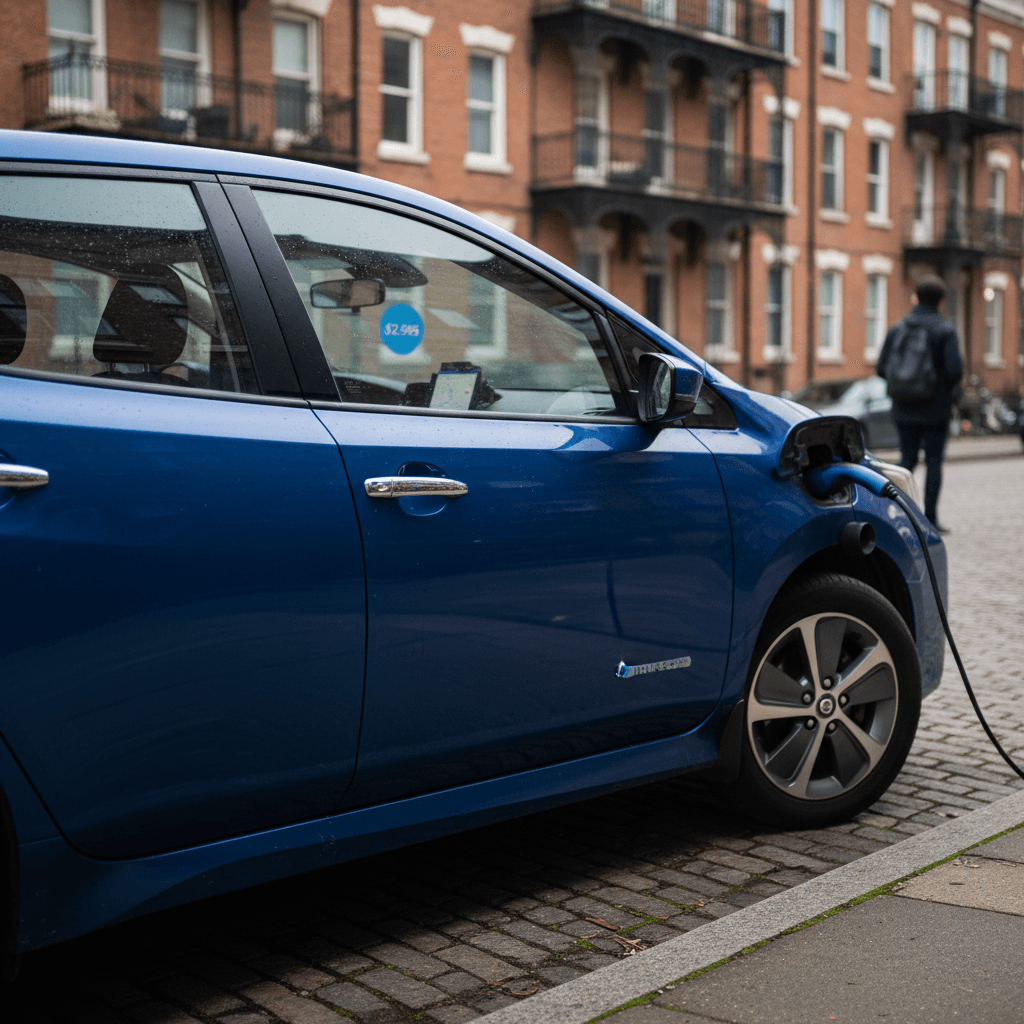 Row of used gas, hybrid, and electric cars parked on a dealership lot at sunset