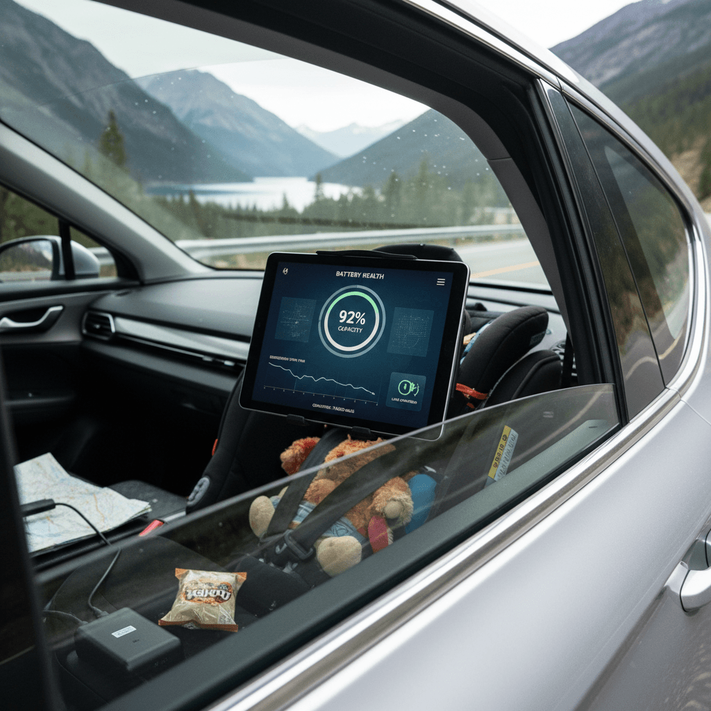 Electric SUV driving on a scenic highway during a family road trip