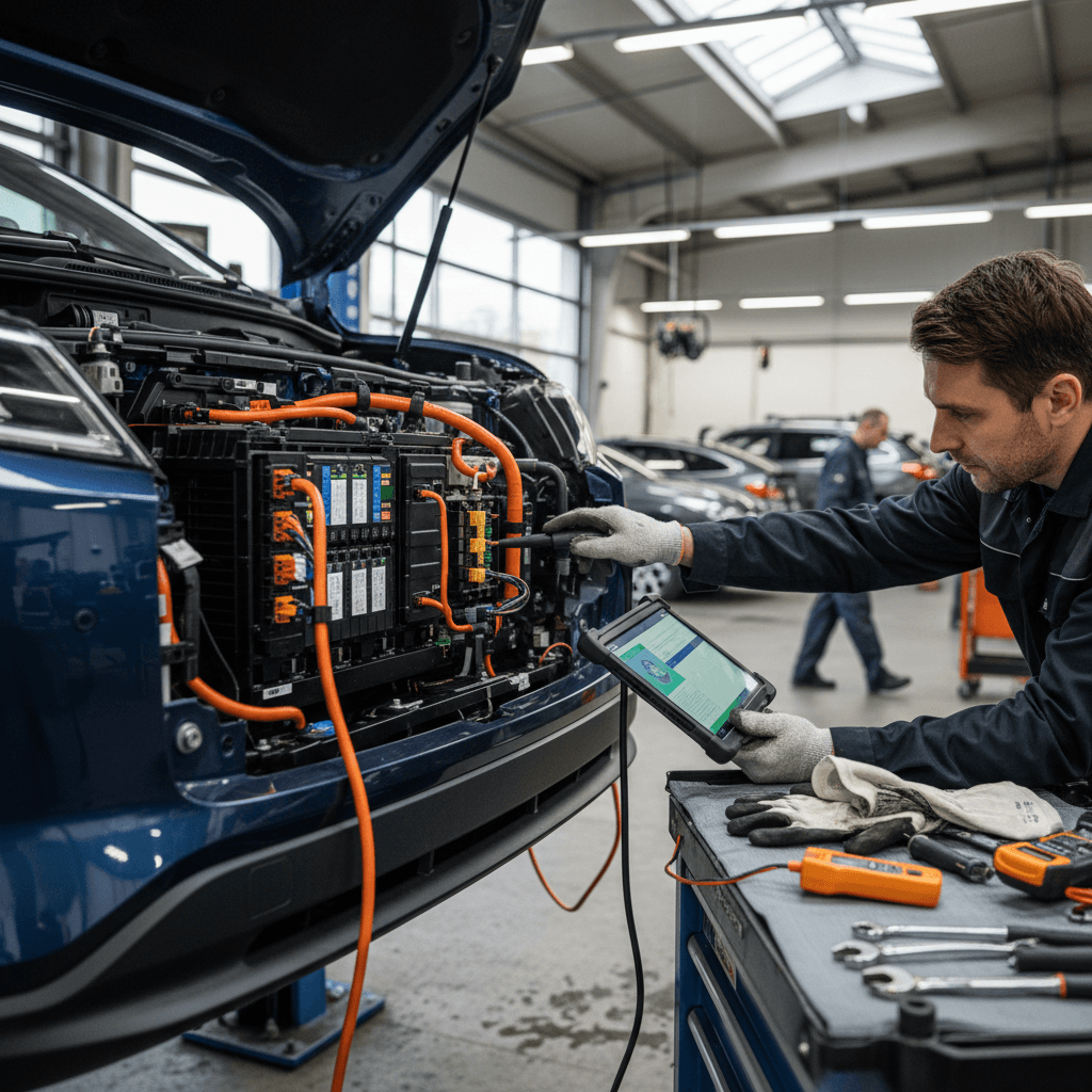 Mechanic using a laptop to diagnose a hybrid car in a repair bay