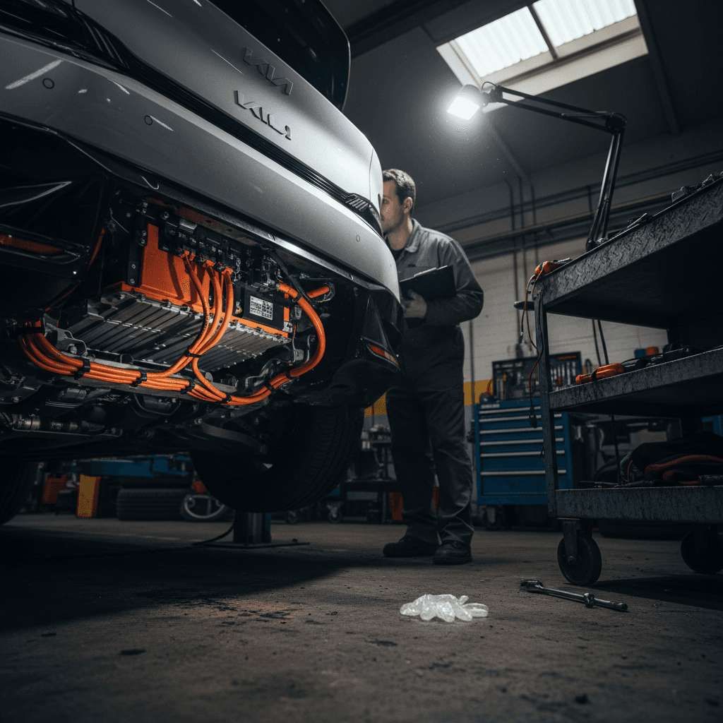Technician performing routine maintenance inspection on a Kia EV6 in a service bay