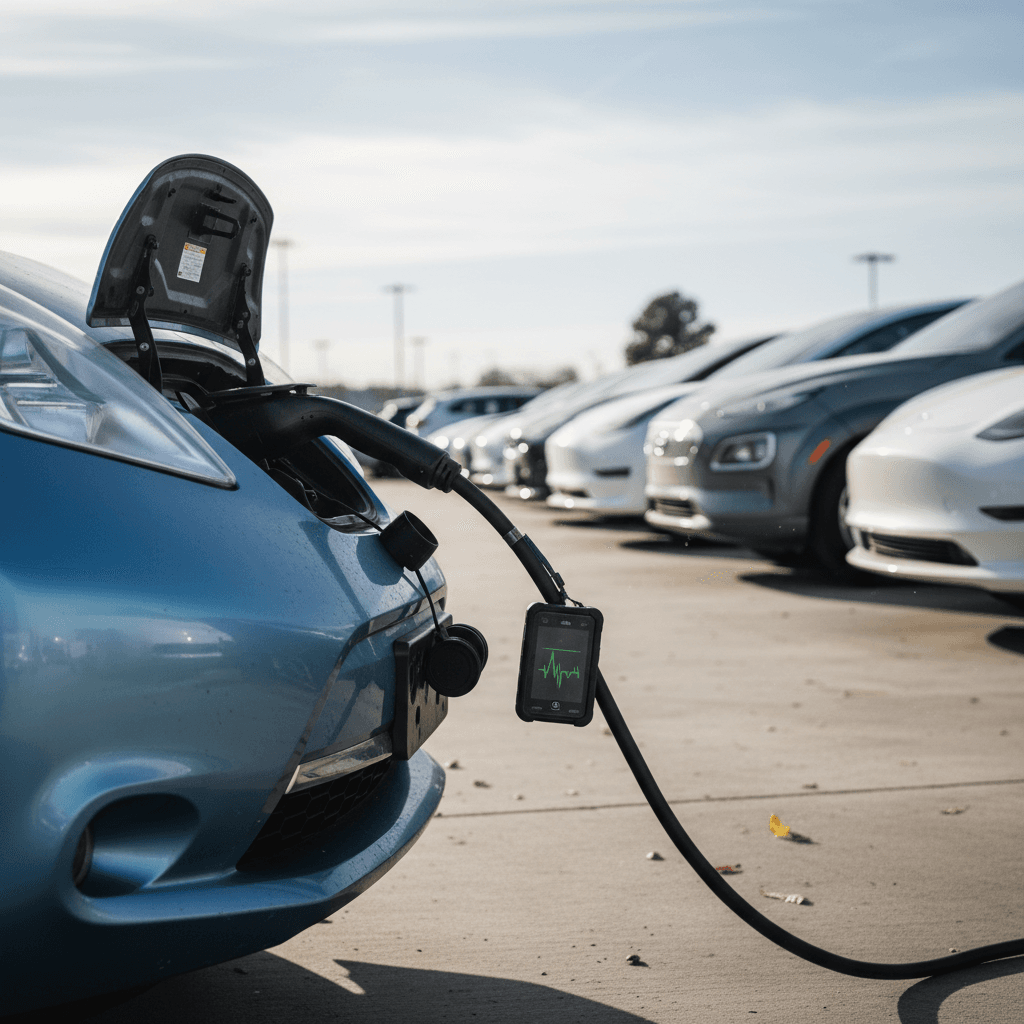 Shopper inspecting a used electric vehicle at a dealership lot