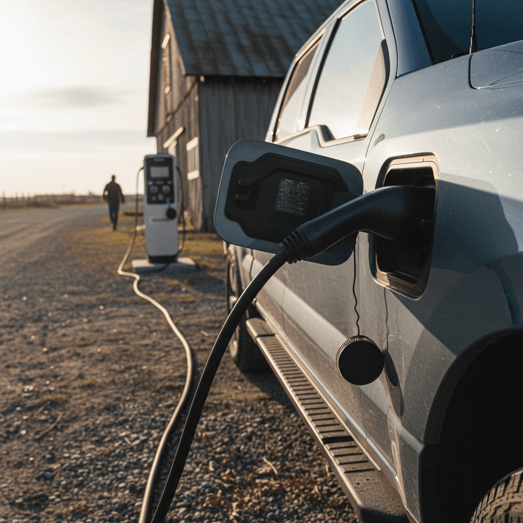 Close-up of a Ford F-150 Lightning charging port and front trunk, useful areas to inspect when buying used