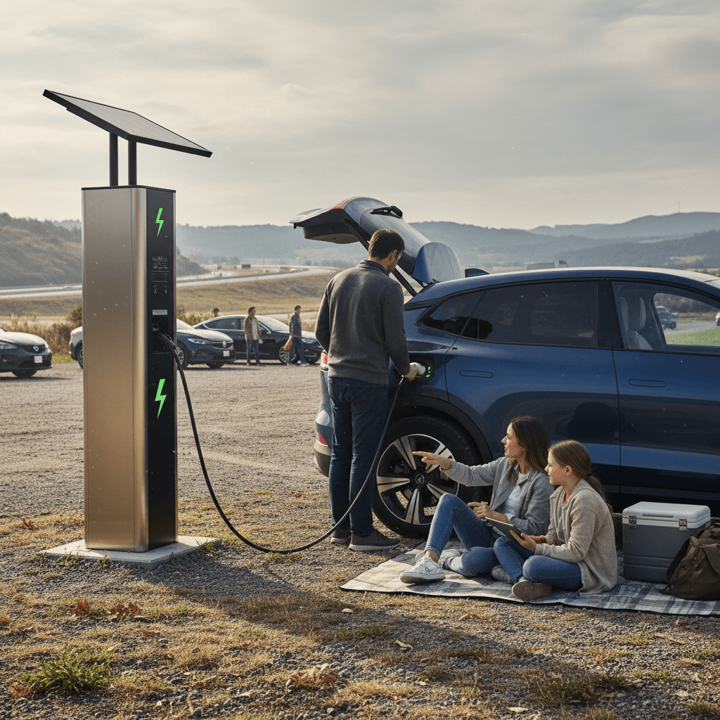 Family with an electric SUV plugged in at a fast-charging station during a road trip