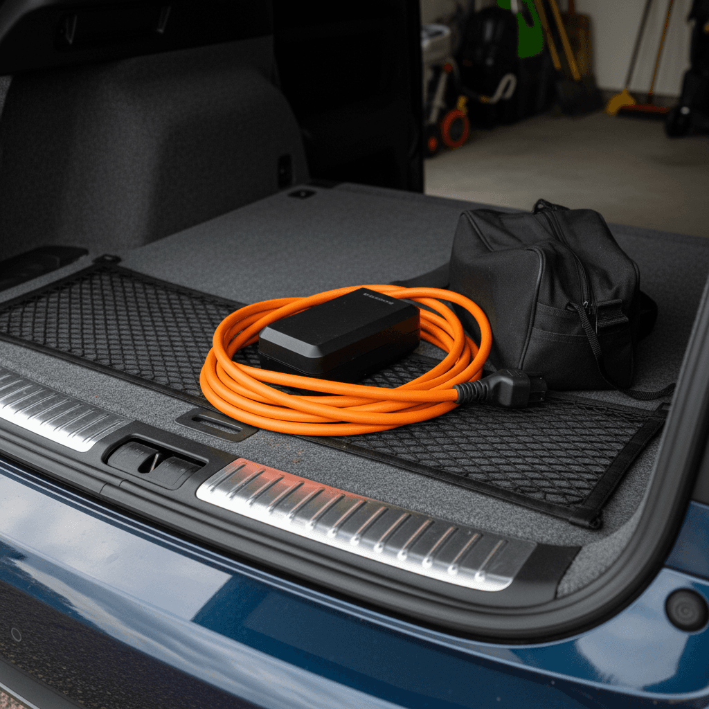 Close-up of a wall-mounted Level 2 electric vehicle charger in a modern garage