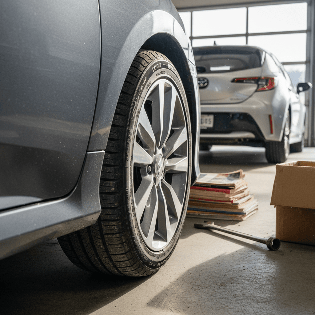 Row of affordable compact cars parked at a dealership lot
