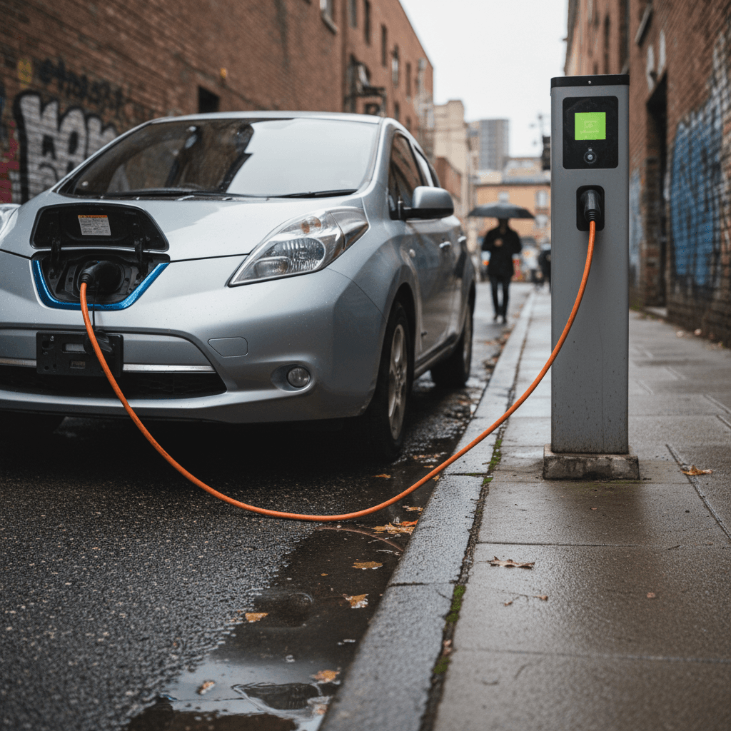 A small electric hatchback charging at a curbside station in an urban neighborhood