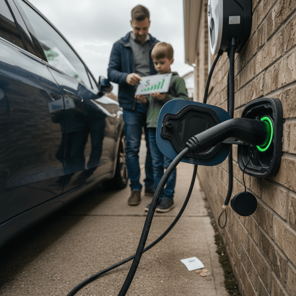 Electric vehicle parked in a home garage while charging overnight
