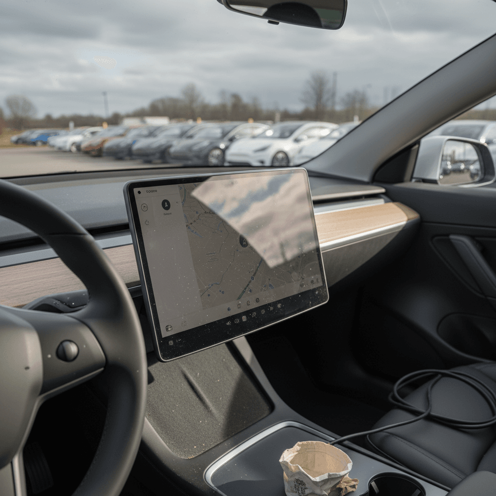 Modern Tesla Model S interior with large touchscreen and minimalist dashboard