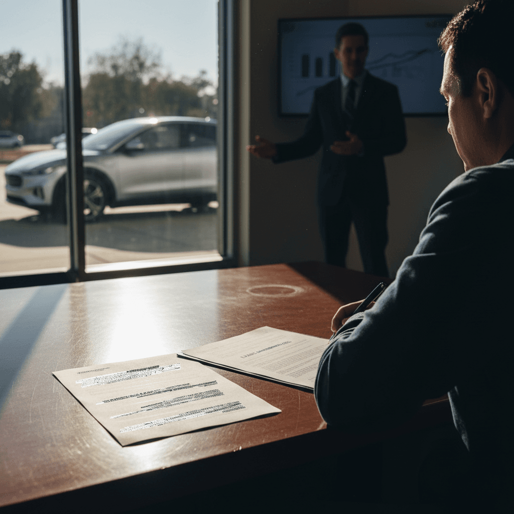 Customer signing paperwork for an electric vehicle lease at a dealership desk