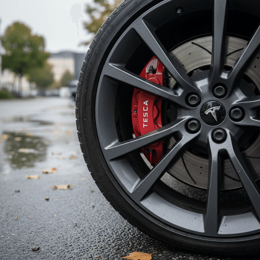Close-up of damaged Tesla bumper showing scrapes and cracked paint