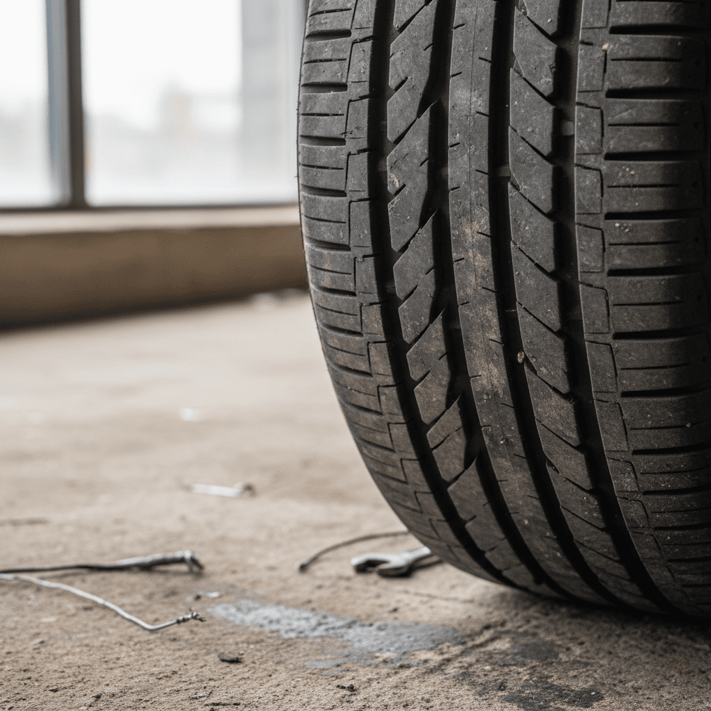 Close-up of tread pattern on a tire designed for electric vehicles, showing narrow grooves and stiff tread blocks