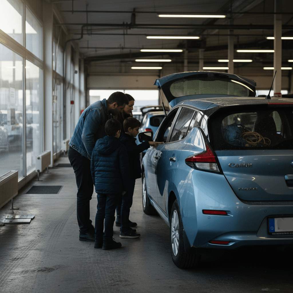 Family comparing second hand electric car options on a dealership lot