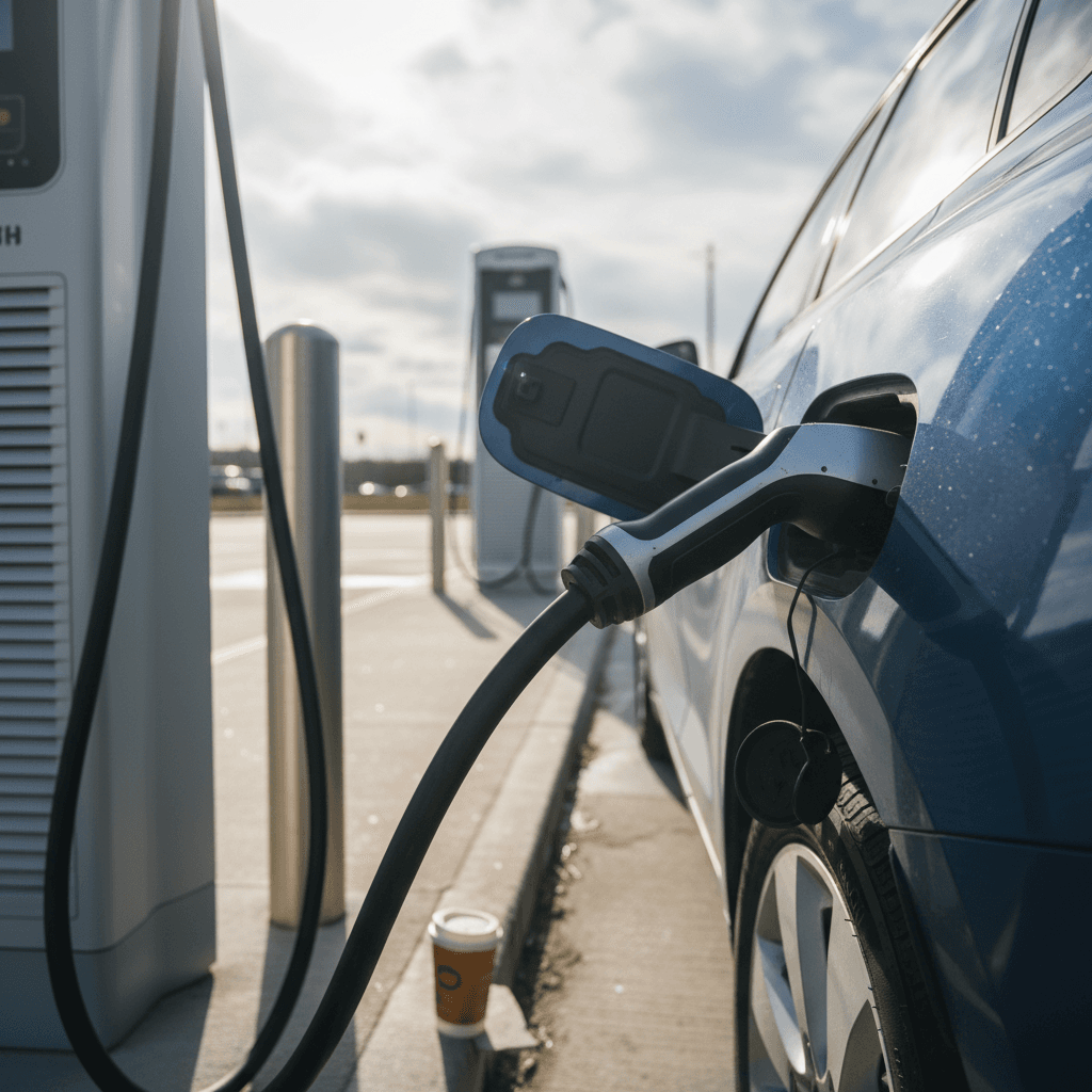 Home garage with wall-mounted Level 2 electric vehicle charger