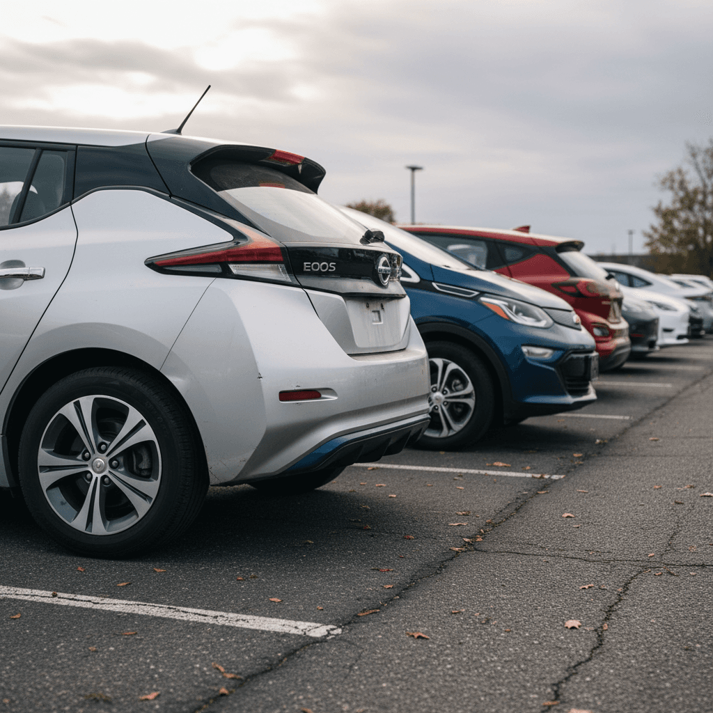 Row of used electric cars parked on a dealership lot