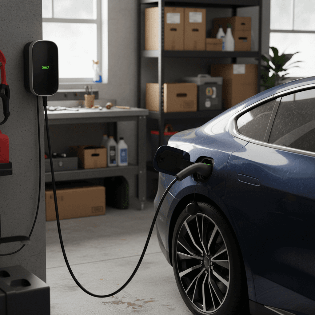 Electric sedan plugged into a home wall charger in a modern garage
