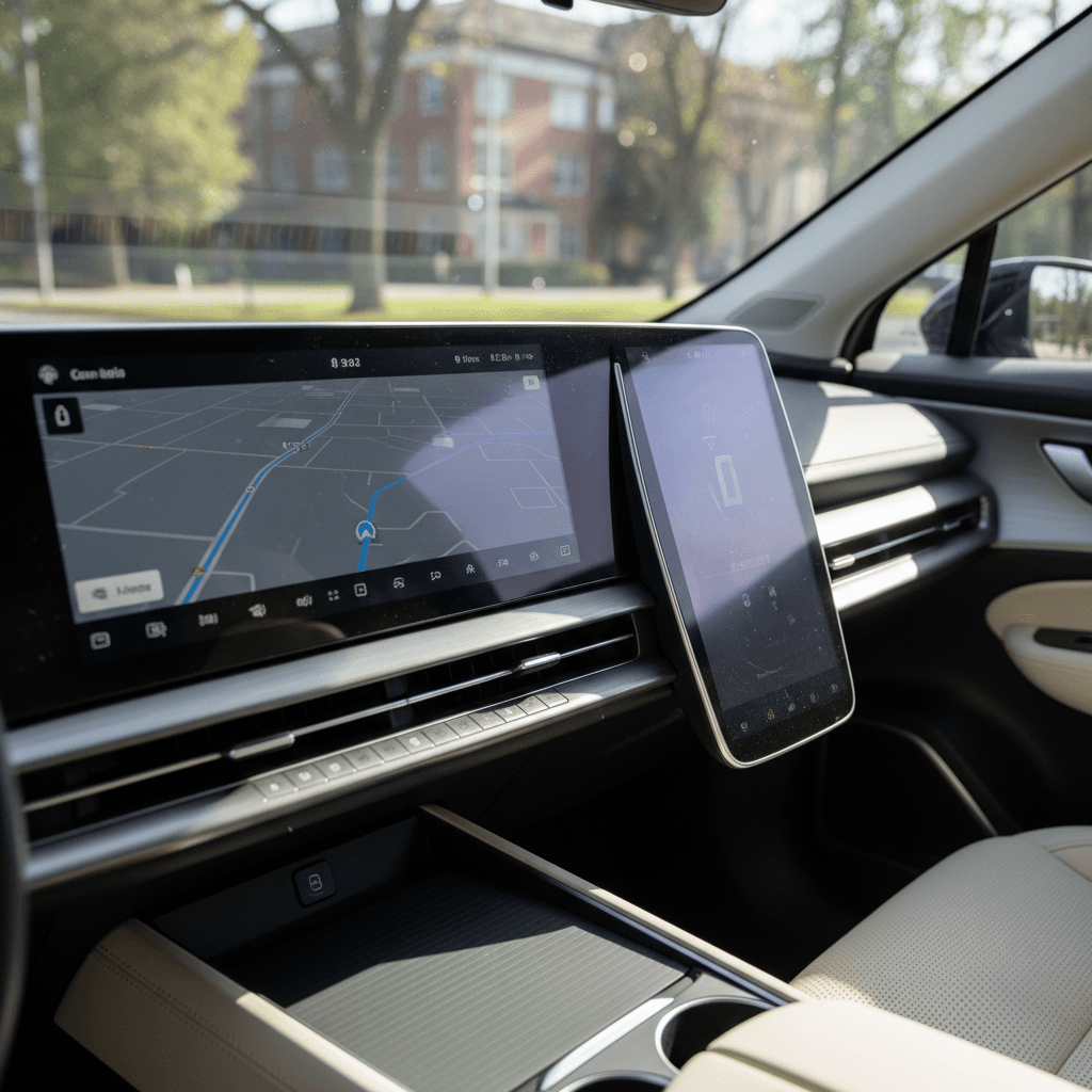 Lucid Air style electric sedan interior with large digital cockpit screens