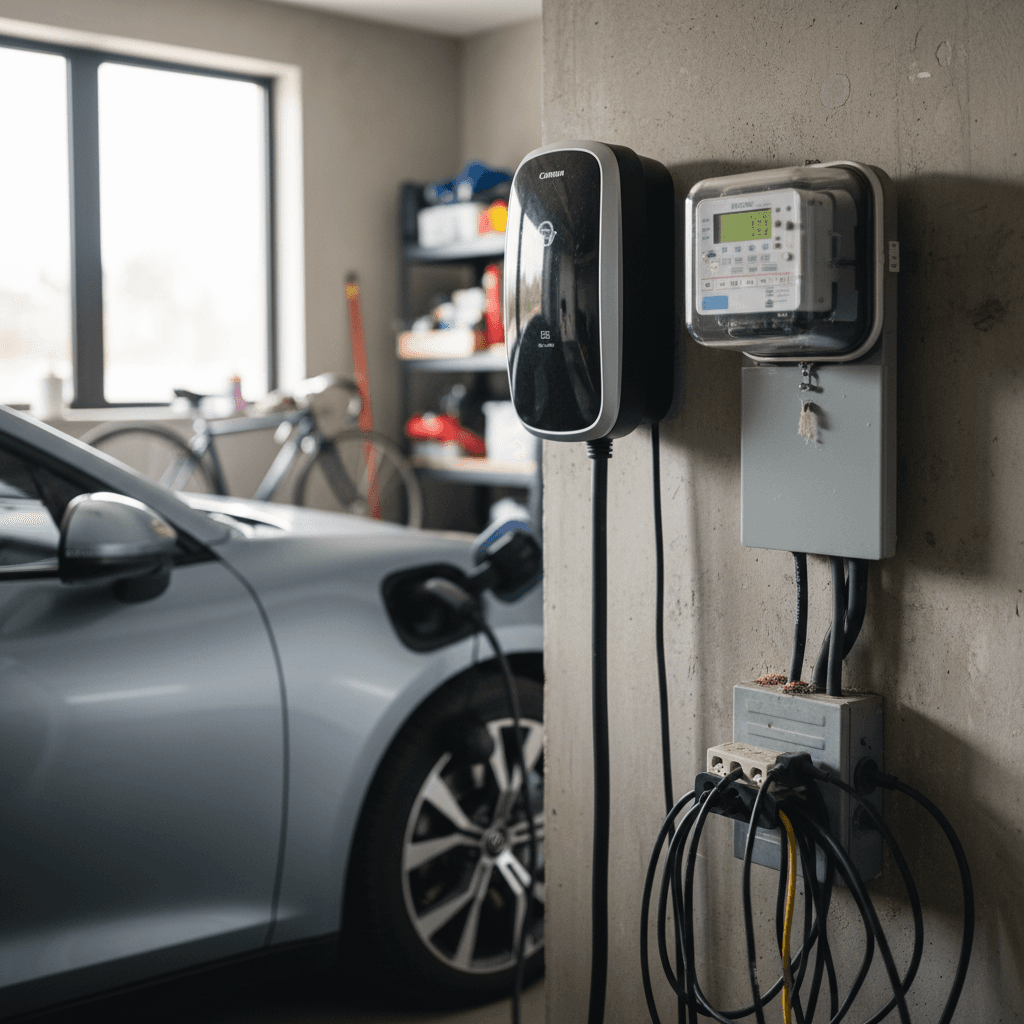 Electric car plugged into a home charger with an electricity meter visible, illustrating cost per mile for EV charging.