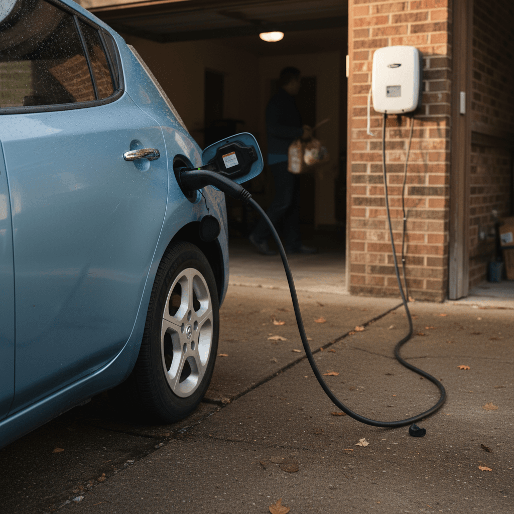Compact electric car charging in a driveway, representing a budget-friendly used EV