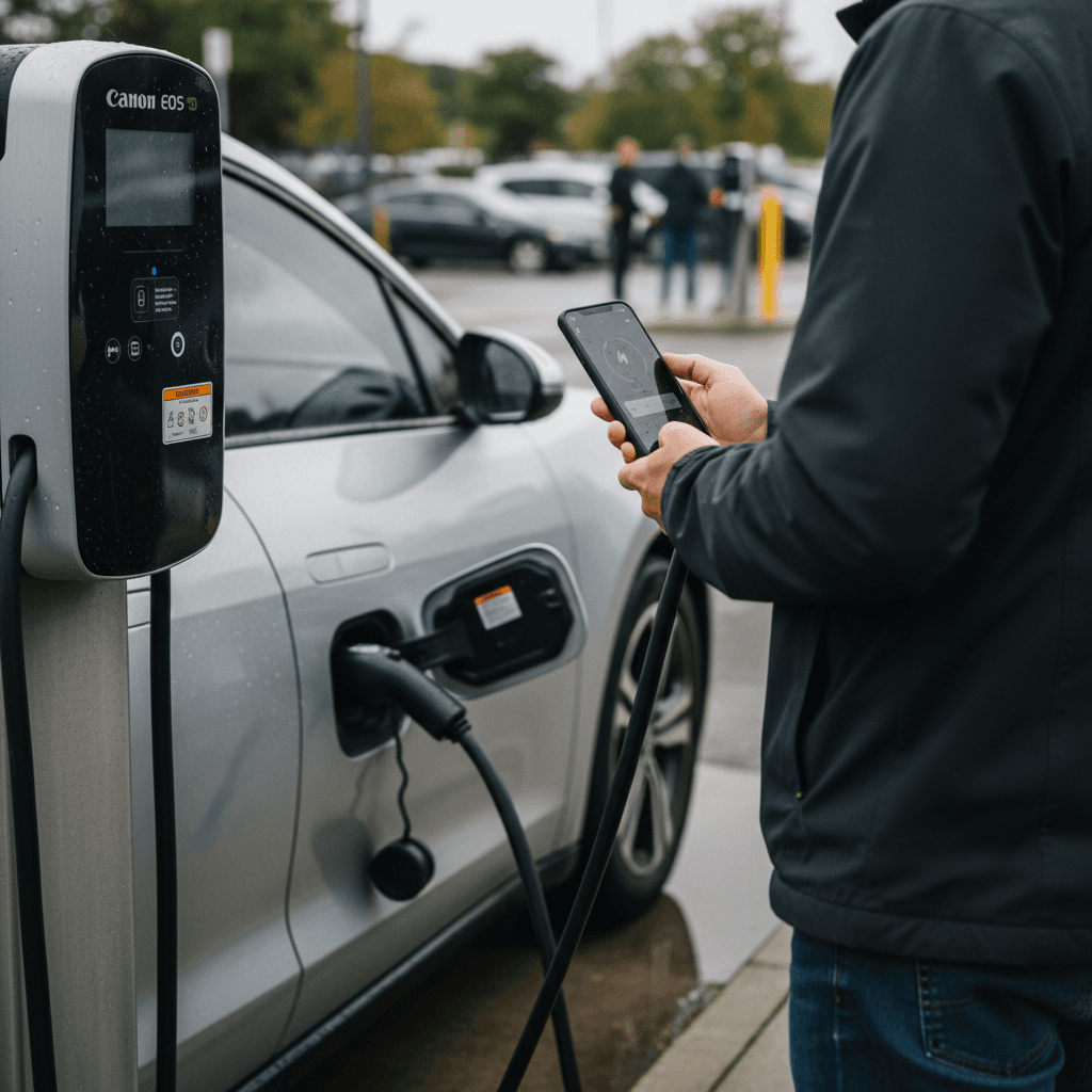 EV driver checking a charging station location on a smartphone next to a charging car