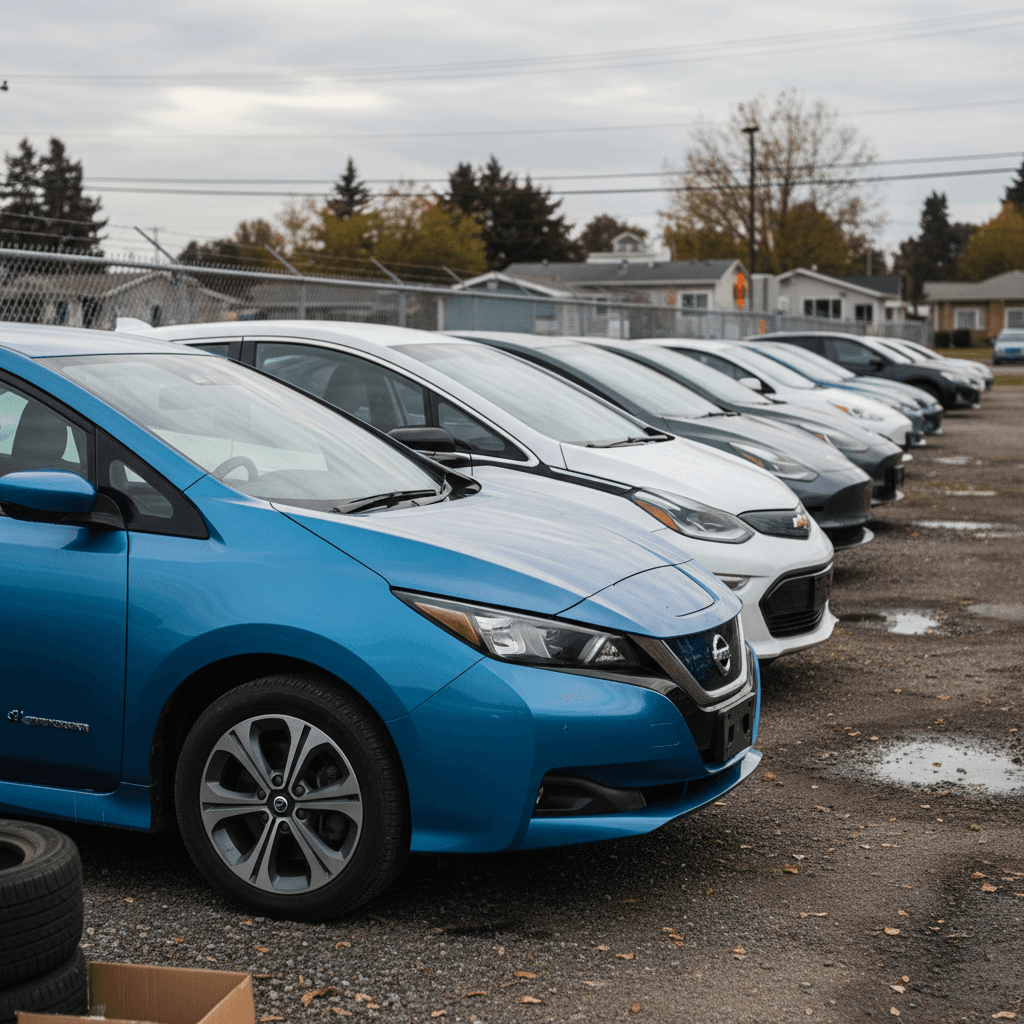Row of used electric cars lined up on a dealership lot