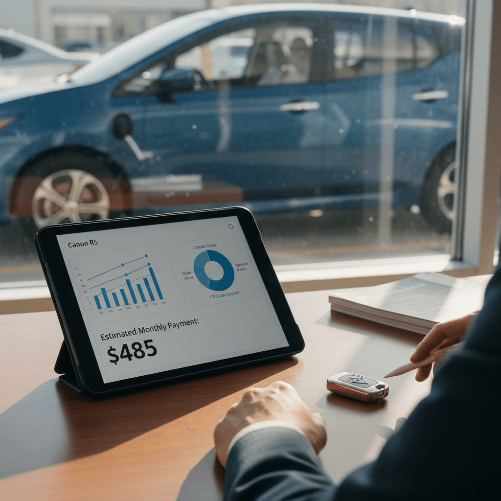 Family reviewing finance options while buying a used electric vehicle at a dealership