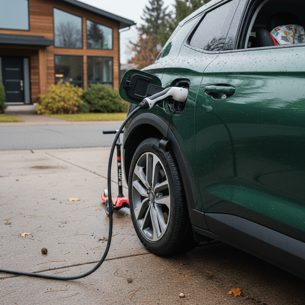 Family loading luggage into a compact electric SUV parked in a driveway