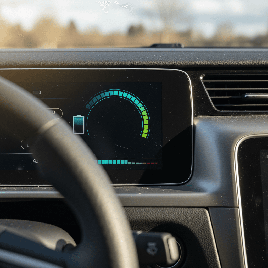 Electric car driving on a snowy road, illustrating how winter conditions affect EV range