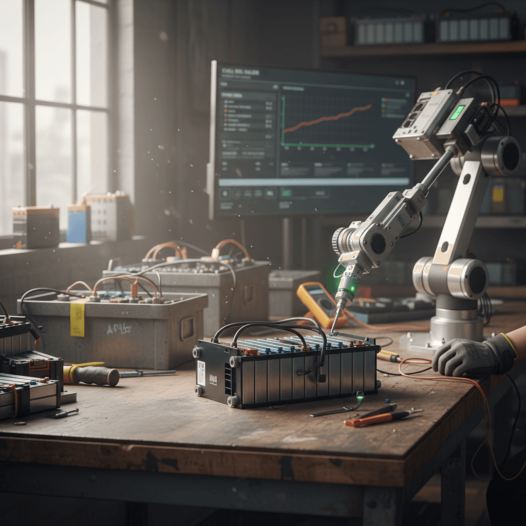 Closeup of an electric vehicle battery pack with modules exposed for service or recycling