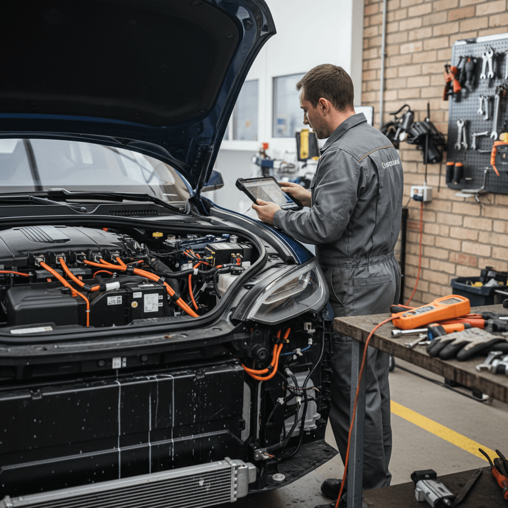 Tesla mobile service technician working on a car in a customer’s driveway