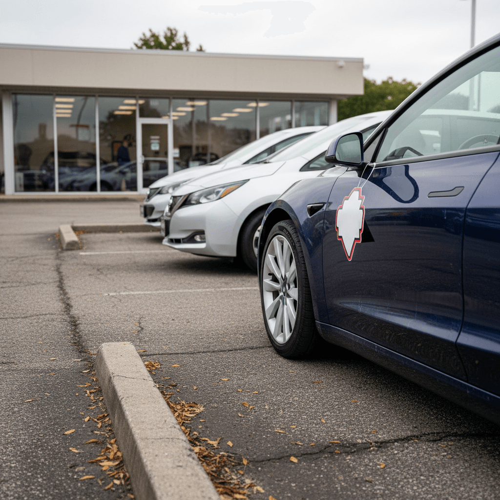 Row of used electric cars parked on a dealership lot