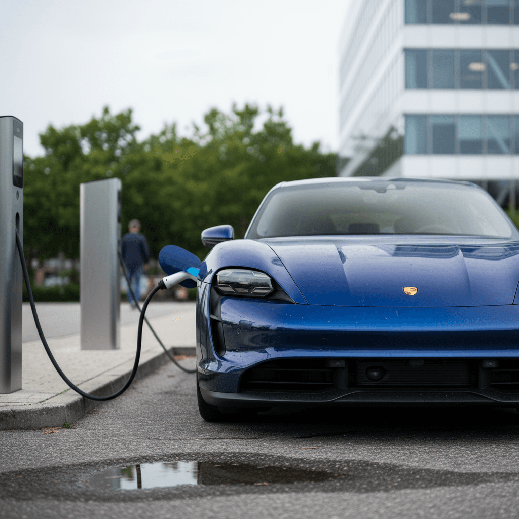 Porsche Taycan electric sports sedan cornering hard on a racetrack