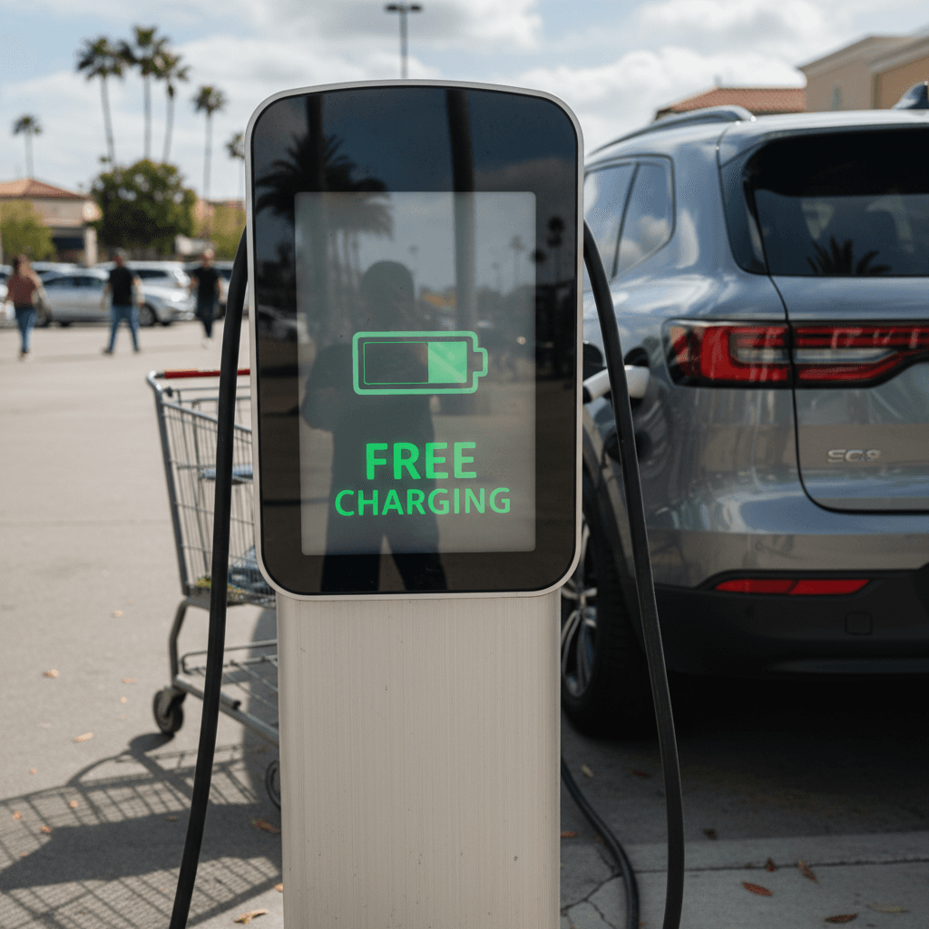 Driver plugging an electric vehicle into a public charging station in a parking lot