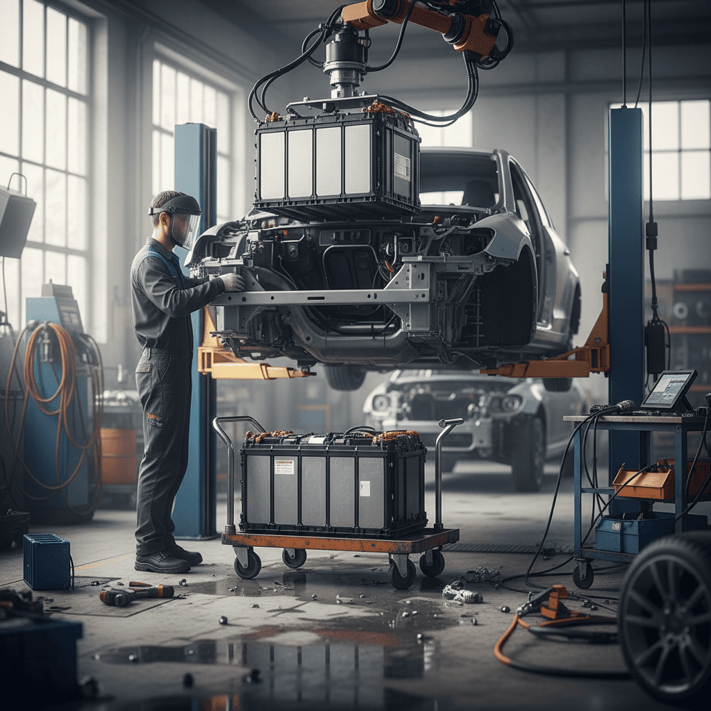 Mechanic inspecting a car battery and alternator in the engine bay during electrical diagnosis