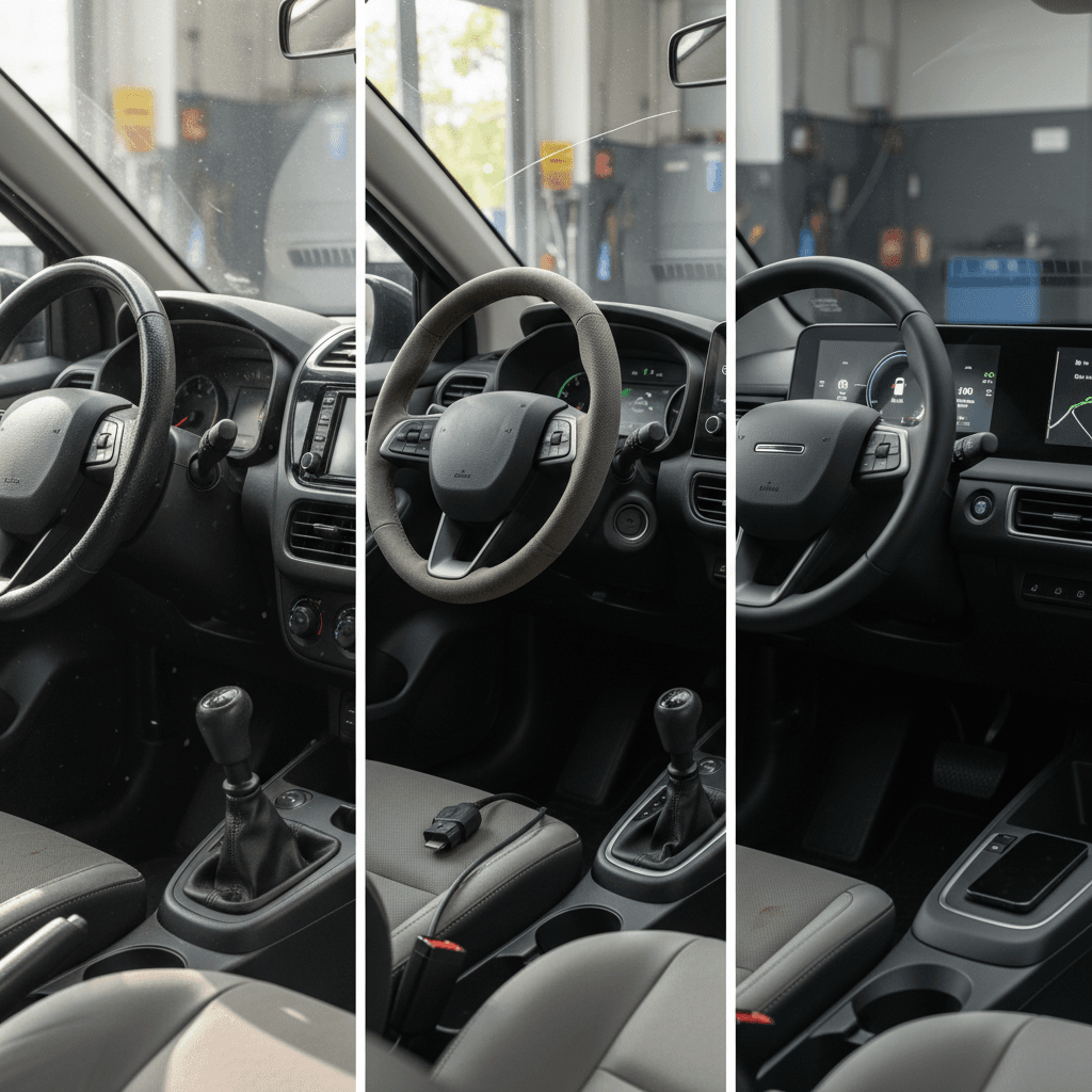 Row of used electric vehicles and gas cars parked at a dealership lot