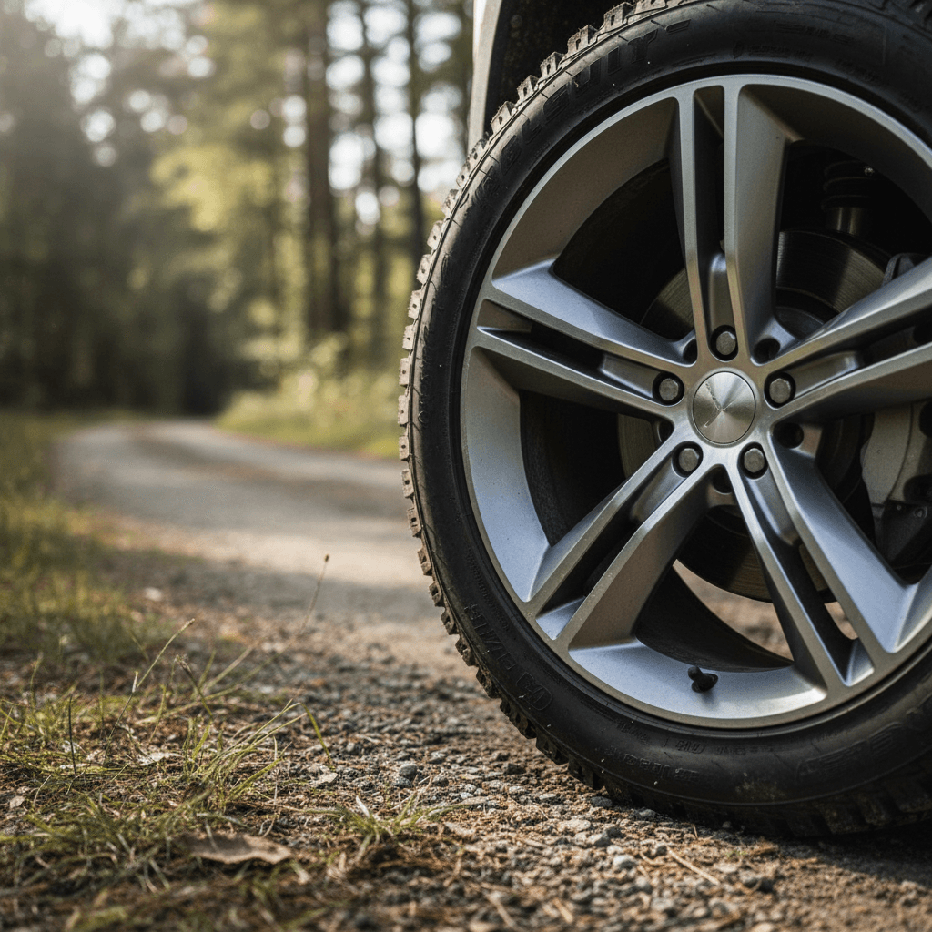 Closeup of an electric vehicle tire on the road, showing tread pattern and sidewall.