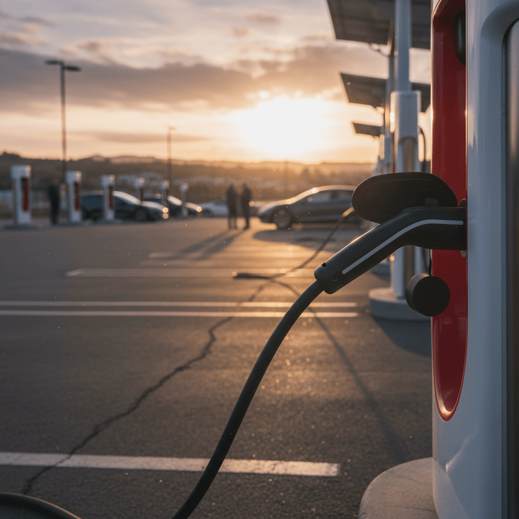 Fast charging cable connected to an electric SUV at night